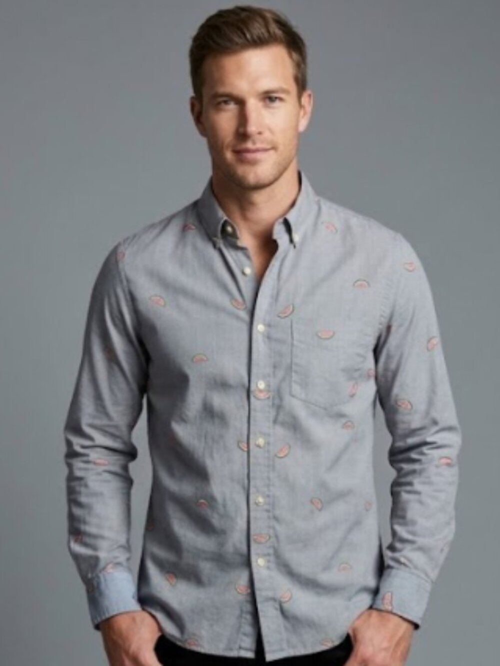 Banana Republic Luxe Poplin Slim Fit Shirt – Grey Embroidered Watermelon Button